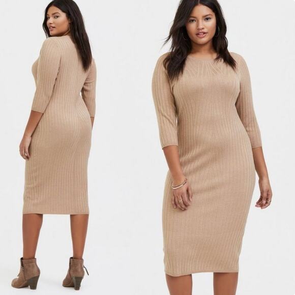 Torrid Midi Sweater Shift Dress Taupe Tan Latte - Picture 1 of 11